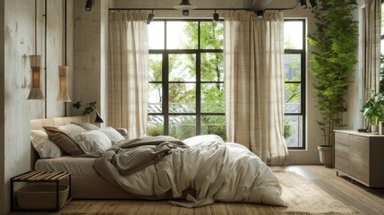 A bedroom with neutral tones,  simple furnishings,  and large windows