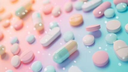 A colorful assortment of pills are scattered on a blue background