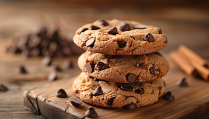 Delicious stack of homemade chocolate chip cookies sits on a rustic wooden board, with scattered chocolate pieces and cinnamon sticks, celebrating national chocolate chip cookie day