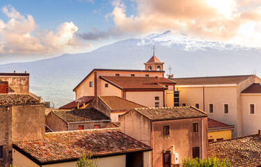 scenic view from a beautiful italian town to amazing buildings with church and roofs and...