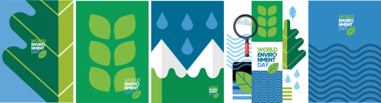 World Environment Day. Vector abstract illustrations of leaves, water waves, mountains and magnifying glass for poster, planet protection and conservation icons, global warming in minimalism and flat