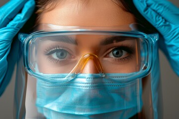 Female healthcare professional in blue scrubs and surgical mask gazes through a window reflecting thoughtfulness