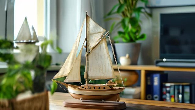 Wooden sailboat model on wooden table, with plants and decor in background