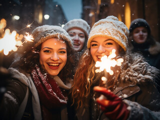 Friends share laughter, sparklers lighting up their snowy celebration