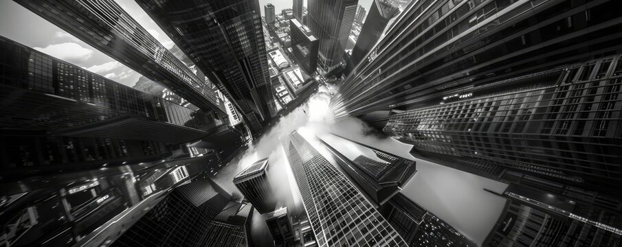 A monochromatic cityscape view of towering skyscrapers from a unique angle, highlighting the urban architecture and modern design.