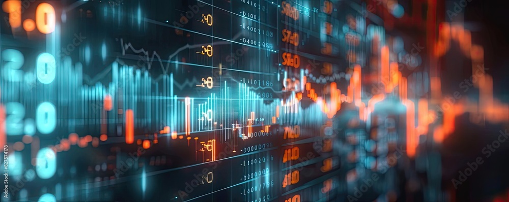 Poster digital stock market chart with vibrant neon colors displaying financial data trends and analysis in