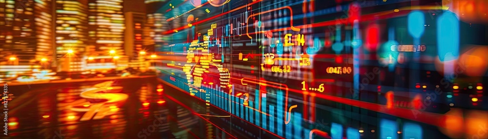 Poster Abstract digital technology concept with data visualization and cityscape in the background, blending urban life and high-tech innovation.