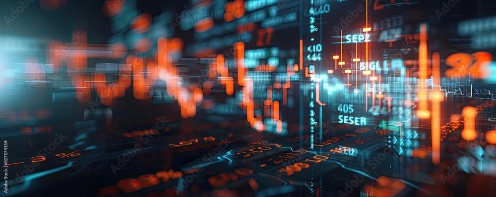 Aufkleber Futuristic digital data display with glowing charts and graphs, representing advanced technology, finance, and data analytics.
