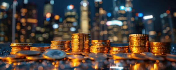 Obraz premium Golden coins stacked against a vibrant cityscape background at night. Capturing urban wealth and financial growth in a modern metropolis.