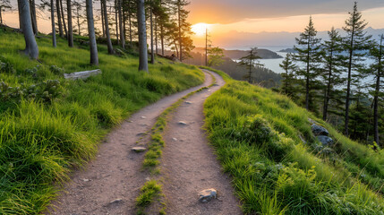 Sunlit forest path leading to horizon