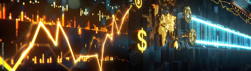 Aufkleber Dynamic financial market chart with a global network connection background highlighting currency symbols and data analytics. Perfect for economics.