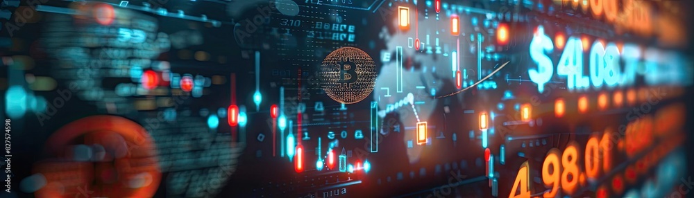Poster Digital stock market display with glowing numbers and graphs showcasing financial data and market trends in a futuristic setting.