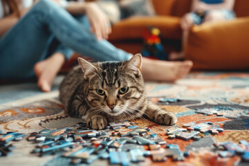 Fototapeta premium A tabby cat lies on a rug surrounded by puzzle pieces, with people sitting in the background. The scene captures a cozy, playful atmosphere with the cat's curious expression and relaxed setting.