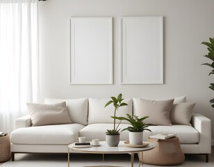 Frame mockup, ISO A paper size. Living room poster mockup. Modern interior design. Living room Interior mockup with house background. 3D render