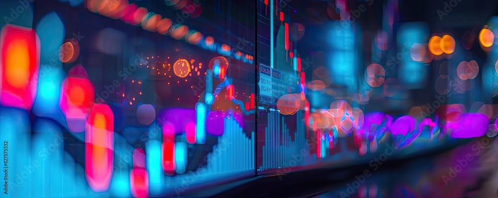 Poster colorful financial graph and stock market data visualization with neon lights representing market tr