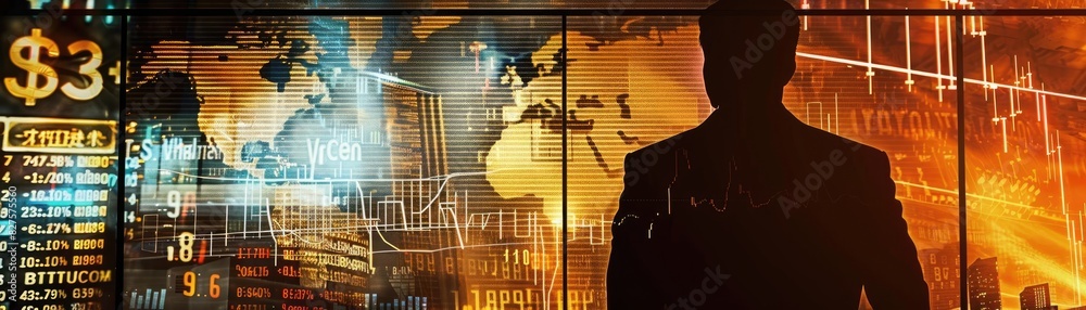 Poster silhouette of a businessman against a backdrop of global financial data and stock market information
