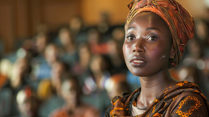 Fototapeta premium Portrait of a poised african lady with headscarf at a public event