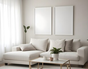 Fototapeta premium Frame mockup, ISO A paper size. Living room poster mockup. Modern interior design. Living room Interior mockup with house background. 3D render