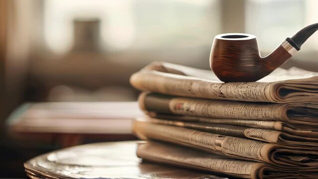 Wooden pipe atop stacked newspapers on table in cozy setting