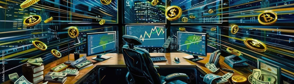 Aufkleber A futuristic trading desk with multiple screens displaying cryptocurrency charts, floating coins, and high-tech graphics. Digital finance concept.