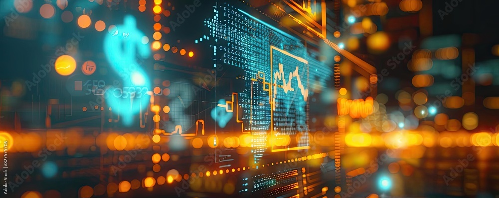 Poster futuristic financial data visualization with glowing digital icons and graphs, representing modern s