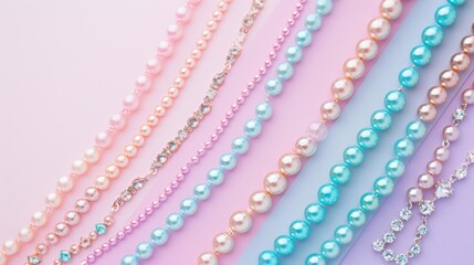 Fototapeta premium A row of necklaces with different colored beads and pearls
