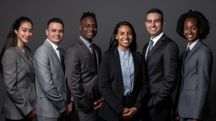 Young professionals standing confidently together, smiling for the camera