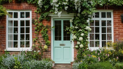 A mint green front door on an old red brick house with white windows and flowers in the foreground, in the English countryside.