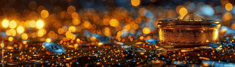 Poster glittering golden bokeh lights with a luxurious round jewelry box and sparkling gems, creating a fes