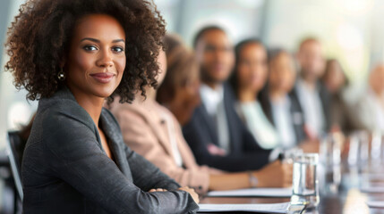 Professional african-american woman smiling at a business seminar with colleagues blurred in the background