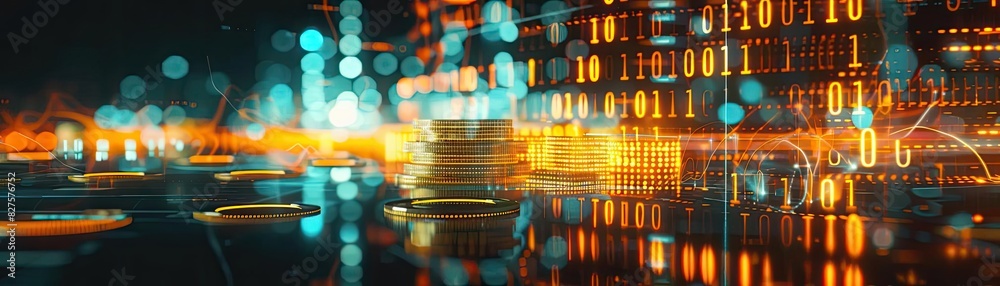 Aufkleber Digital currency concept with glowing binary code and stacked coins. Futuristic financial technology and cryptocurrency theme.