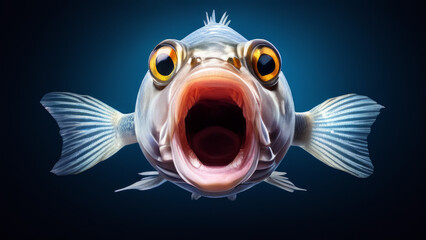 a fish looking directly into the camera with its mouth wide open. Its bulging yellow eyes stand out and its fins are positioned to the sides. - Powered by Adobe