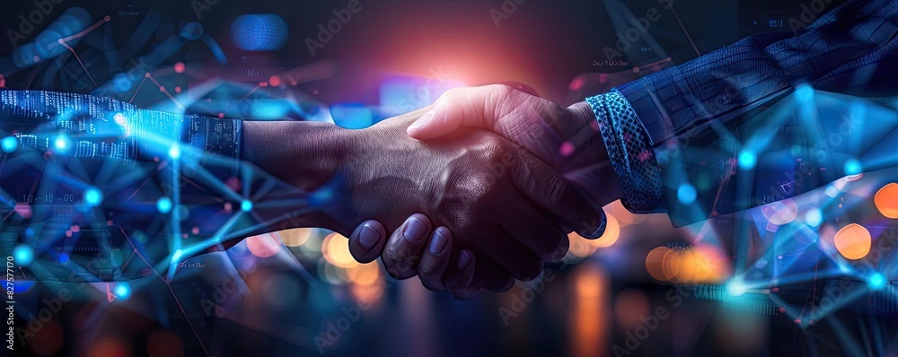 Aufkleber Two business professionals shaking hands symbolizing successful partnership and networking in a modern, digital world with abstract connections.