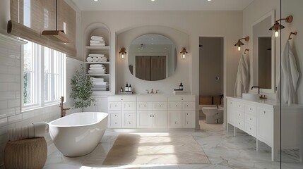 serene and minimalist transitional bathroom with neutral tones and stylish organization modern home renovation
