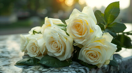 Obraz premium A bouquet of white roses lying on a marble tombstone , generative AI