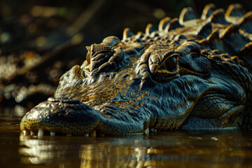 Obraz premium Close-Up of a Crocodile Partially Submerged in Water