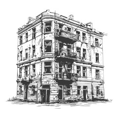 abandoned buildings with old engraving style black color only