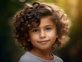 A curly-haired little boy smiles warmly at the camera