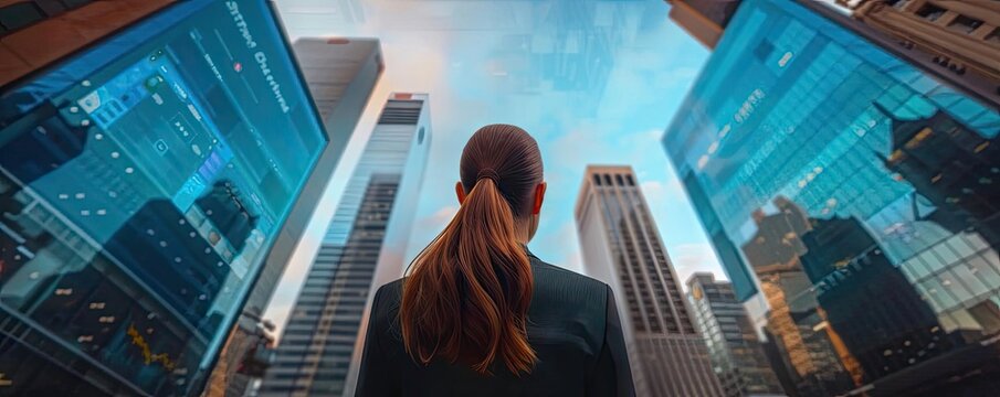 Woman in business attire with ponytail looking up at modern glass skyscrapers in cityscape, representing ambition and urban career growth.