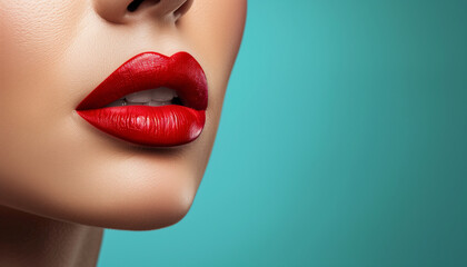 Gorgeous close-up photo of a woman's lips adorned with bold red lipstick against a tranquil teal backdrop in honor of national lipstick day. Ideal for beauty and cosmetics concepts