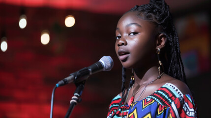 Aspiring young artist singing into a microphone on stage with colorful bokeh background