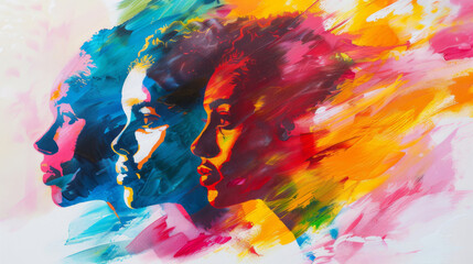 Colorful abstract acrylic painting of multiple face profiles