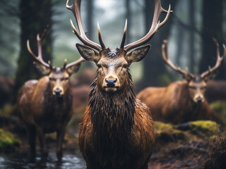 Rainy forest red deer stag leads female group