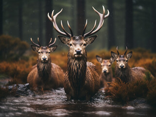 Rainy day red deer stag leads a group of females