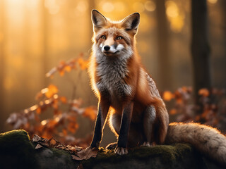 Fototapeta premium A vibrant fox stands on a boulder in the dawn-lit autumnal forest