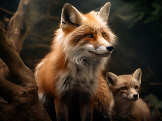 Accompanied by its offspring, an adult fox of the Vulpes vulpes species stands in the wild