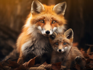 Obraz premium Amidst the wilderness, an adult fox of the Vulpes vulpes species is accompanied by its offspring