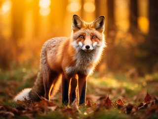 Obraz premium In a picturesque European forest, a red fox roams under the setting sun's hues
