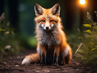 Fototapeta premium Resting on a dirt path, a red fox of the Vulpes vulpes species observes its surroundings