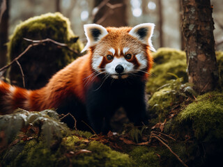 Obraz premium In the wooded expanse, the red panda, Ailurus fulgens, roams gracefully